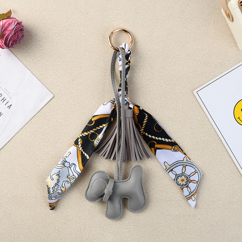 Boho Twilly Scarf Bag Charm with Tassel Puppy Keyring - Grey