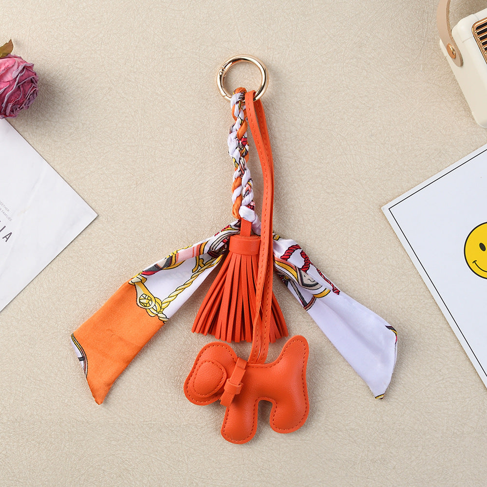 Boho Twilly Scarf Bag Charm with Tassel Puppy Keyring - Orange