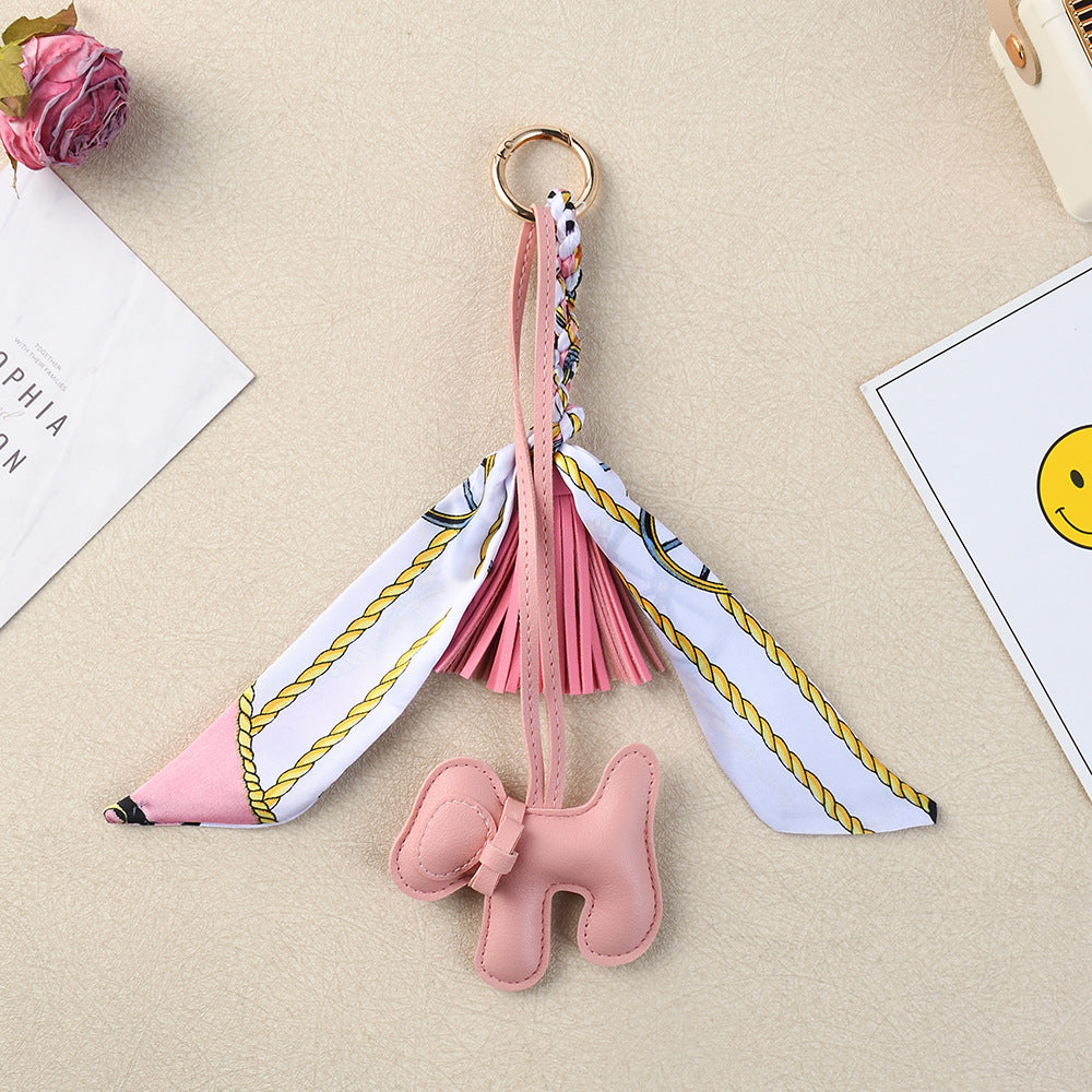Boho Twilly Scarf Bag Charm with Tassel Puppy Keyring - Pink