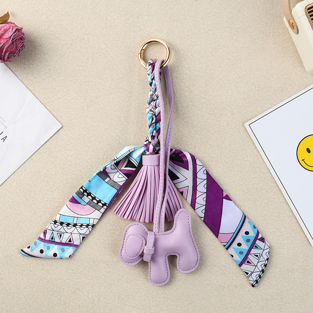 Boho Twilly Scarf Bag Charm with Tassel Puppy Keyring - Purple