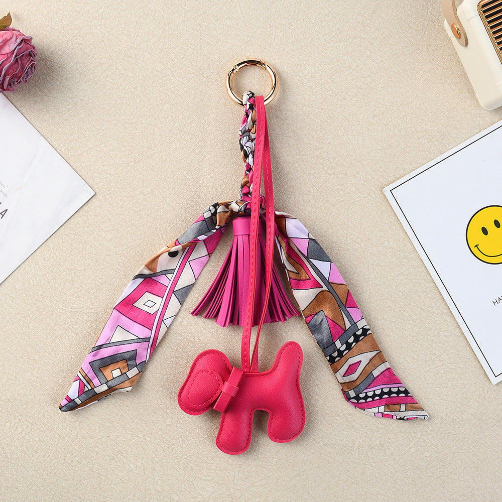 Boho Twilly Scarf Bag Charm with Tassel Puppy Keyring - Rose