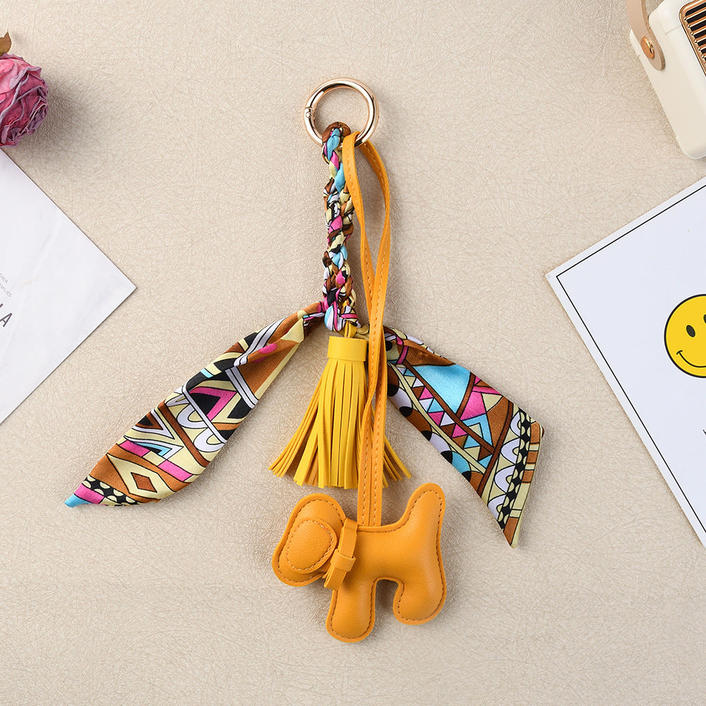 Boho Twilly Scarf Bag Charm with Tassel Puppy Keyring - Yellow