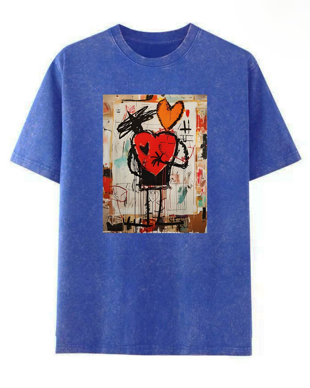 Street Art Heart Graphic Acid Wash Tee - Blue