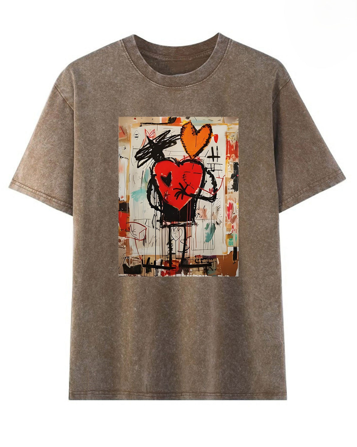 Street Art Heart Graphic Acid Wash Tee - Coffee