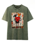 Street Art Heart Graphic Acid Wash Tee - Green