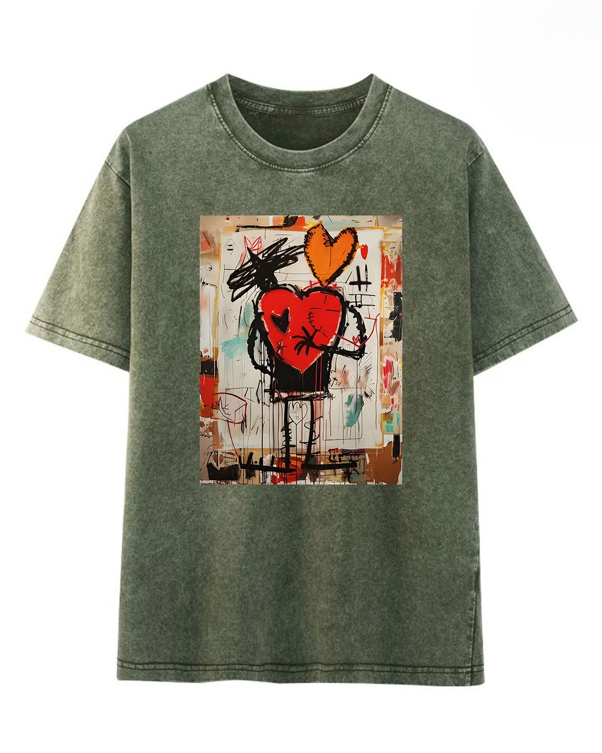 Street Art Heart Graphic Acid Wash Tee - Green