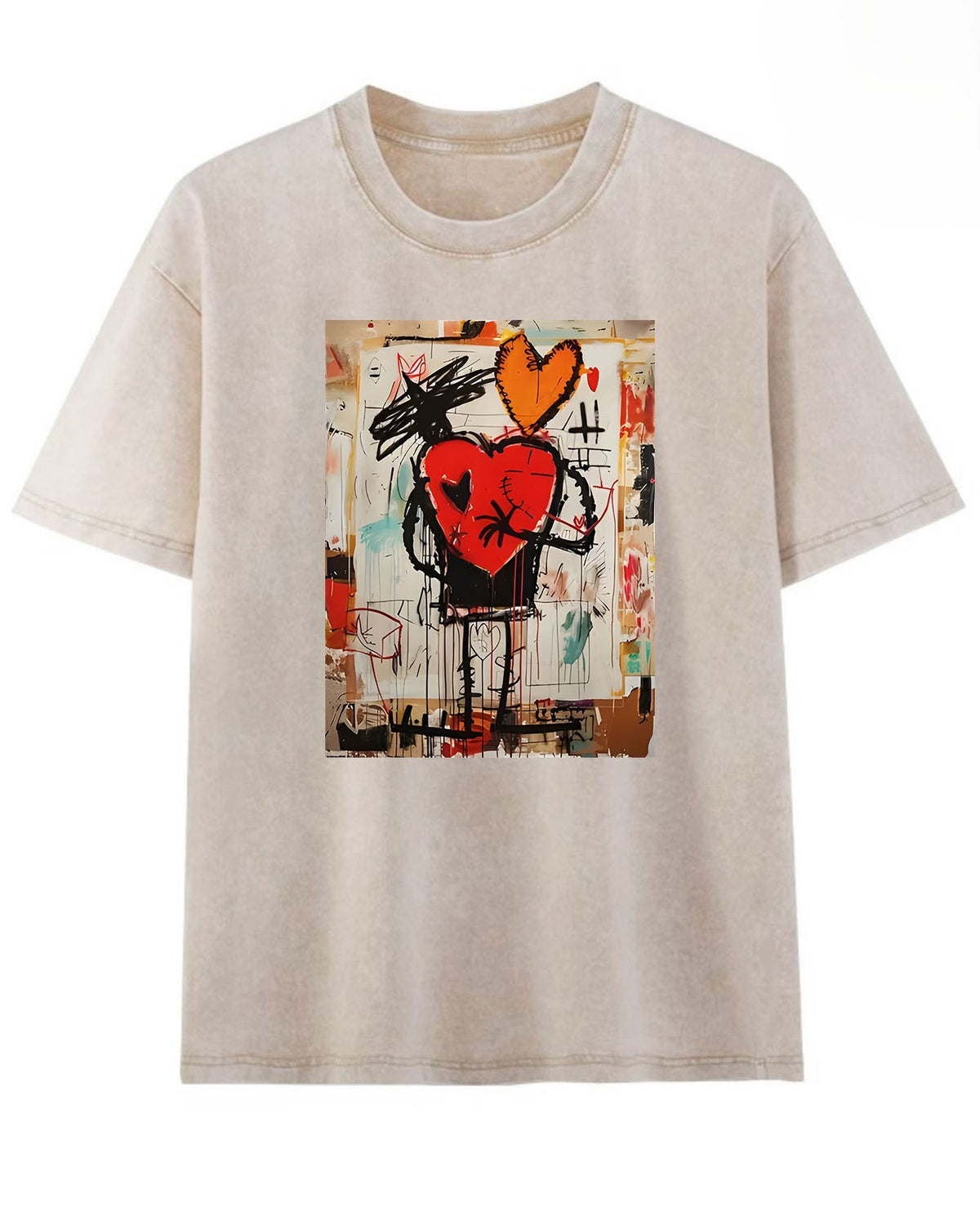 Street Art Heart Graphic Acid Wash Tee - Khaki