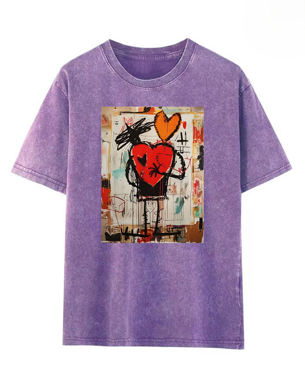 Street Art Heart Graphic Acid Wash Tee - Purple