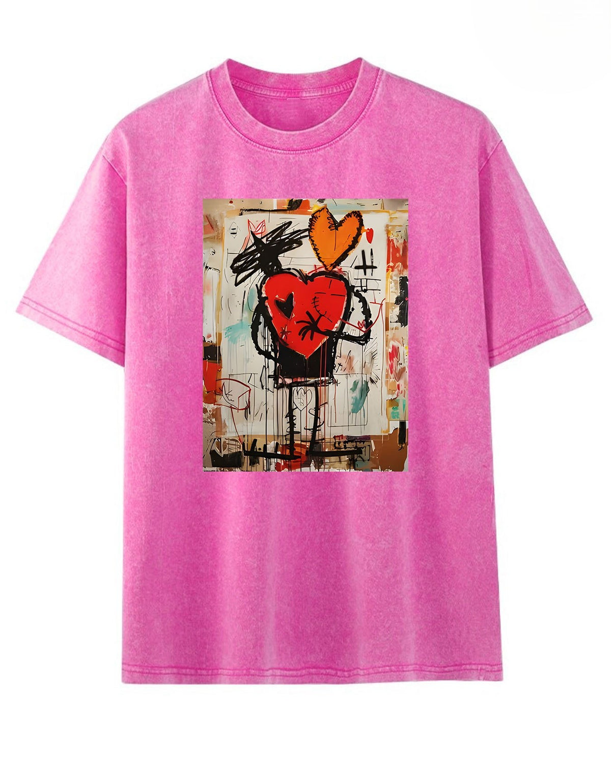 Street Art Heart Graphic Acid Wash Tee - Rose-Red