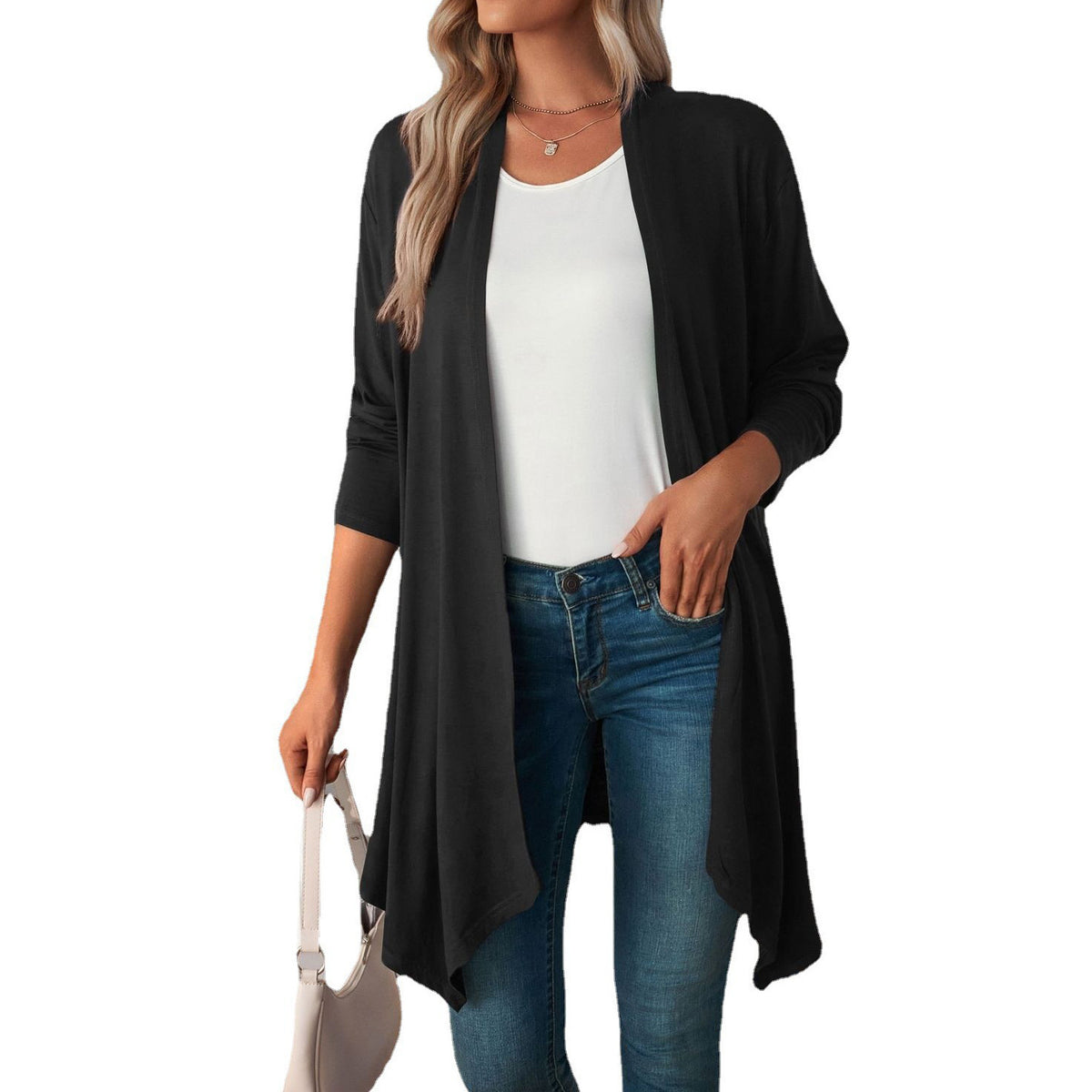 Lightweight Draped Open Front Long Cardigan - Black