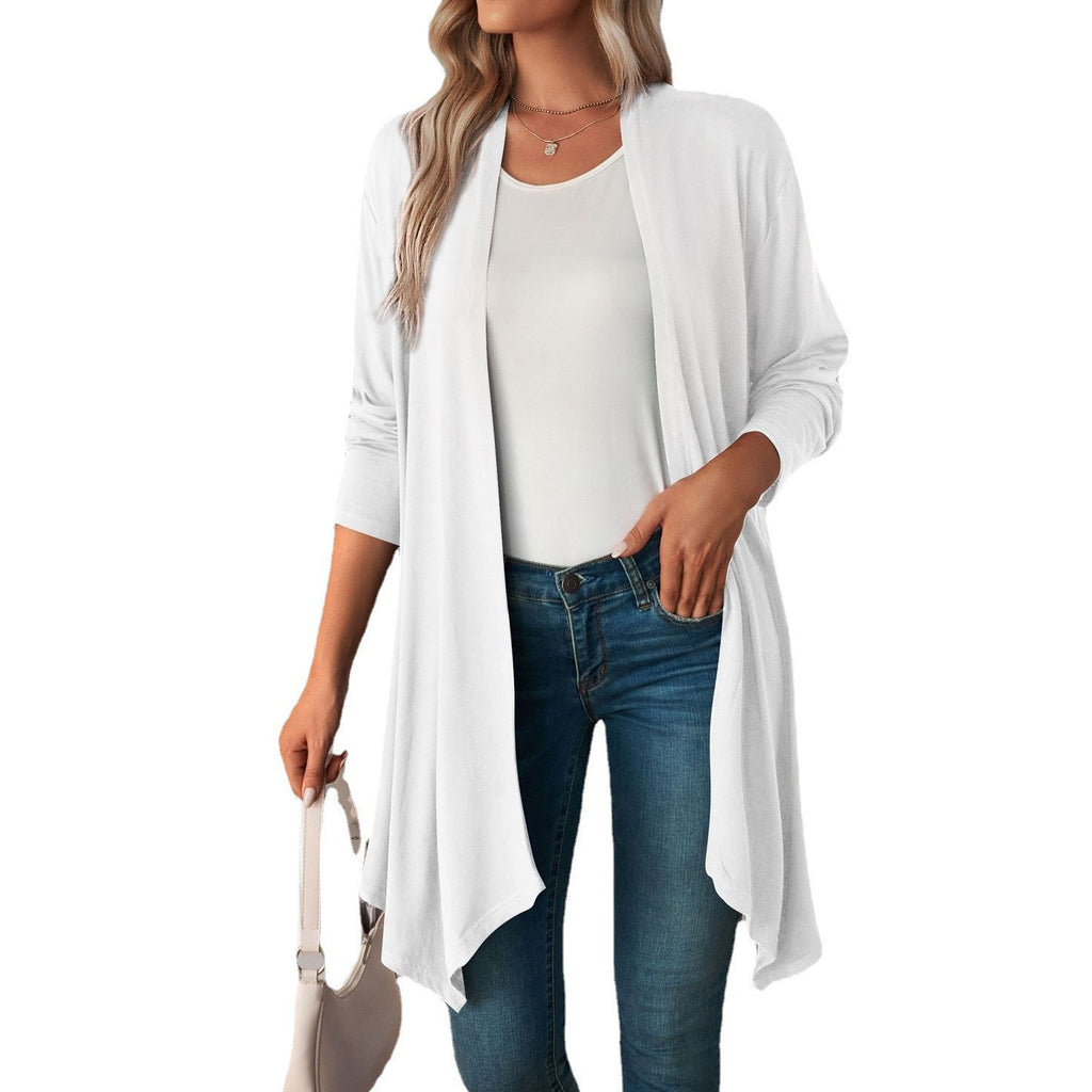 Lightweight Draped Open Front Long Cardigan - White
