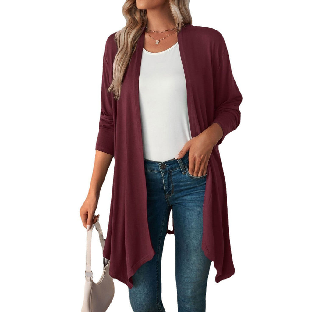 Lightweight Draped Open Front Long Cardigan - WineRed