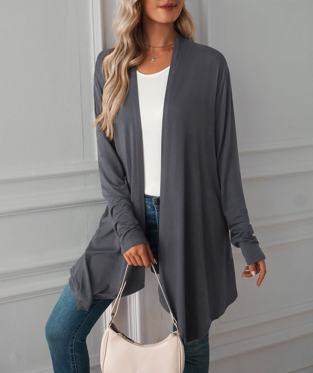 Lightweight Draped Open Front Long Cardigan