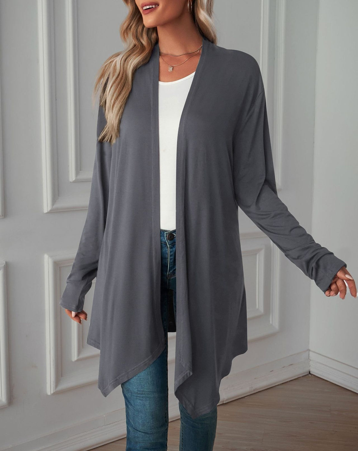 Lightweight Draped Open Front Long Cardigan - view 2