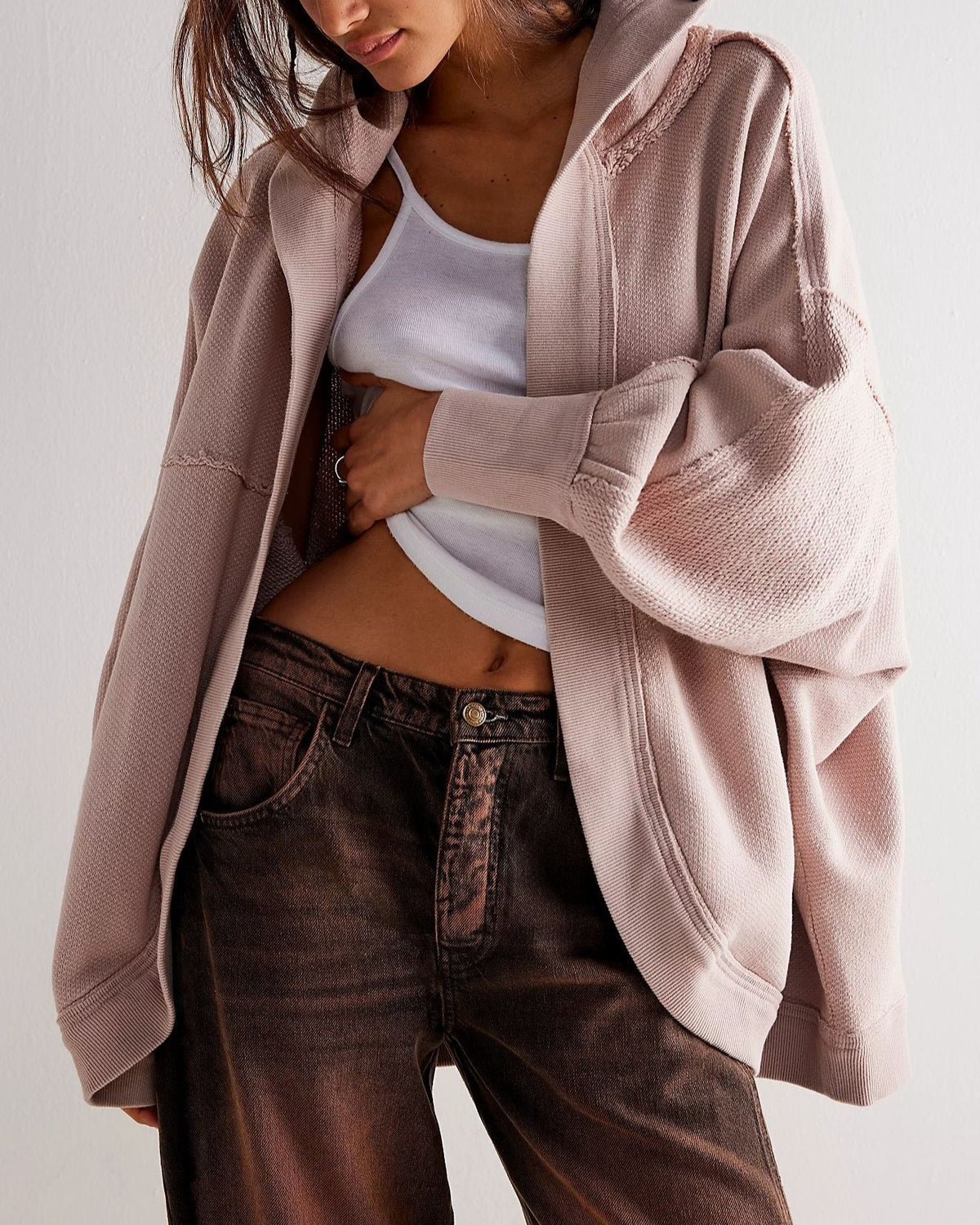 Slouchy Hooded Oversized Open Front Cardigan - Pink