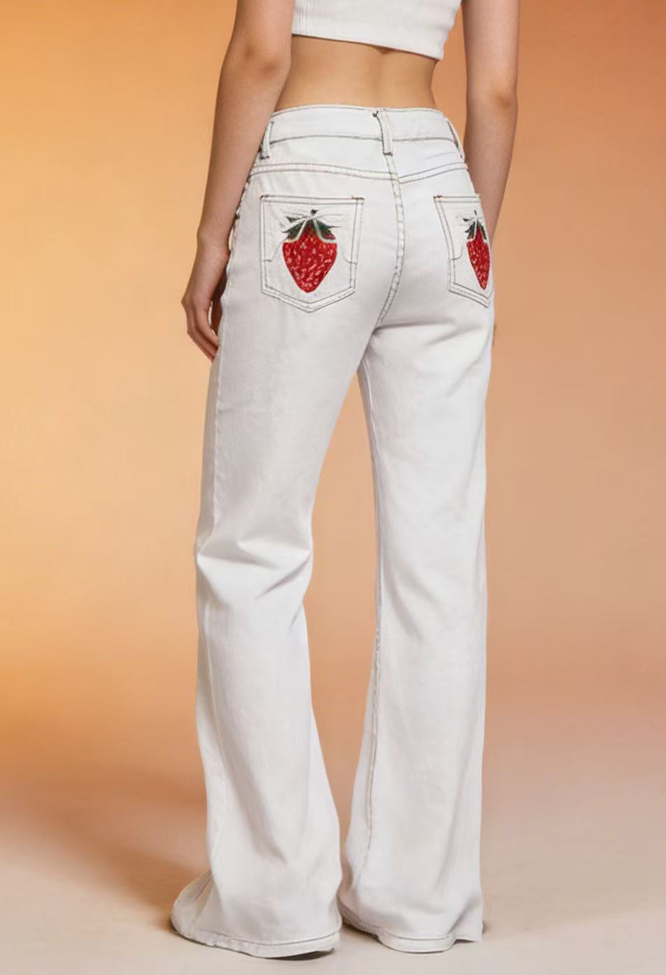 Embroidered Strawberry Pocket Straight Leg Jeans - White