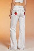 Embroidered Strawberry Pocket Straight Leg Jeans - White