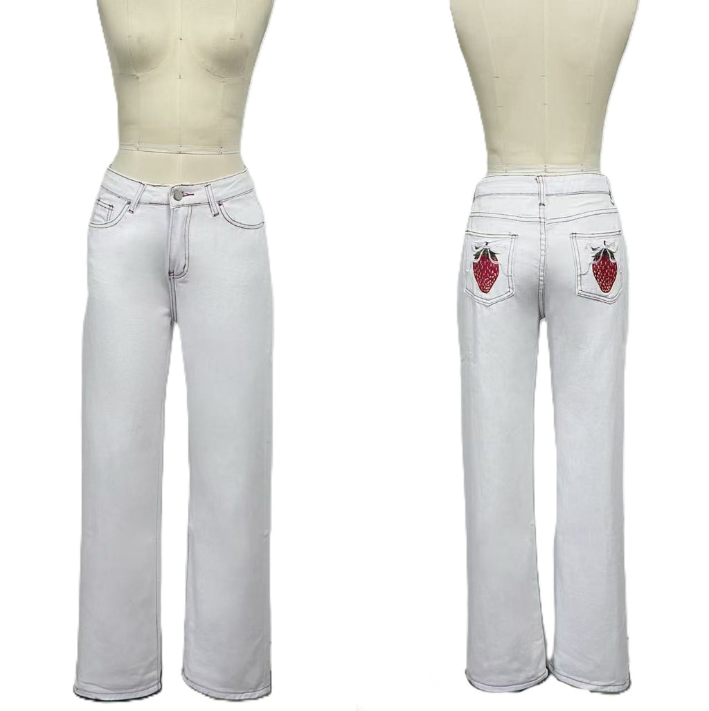 Embroidered Strawberry Pocket Straight Leg Jeans - White - 1