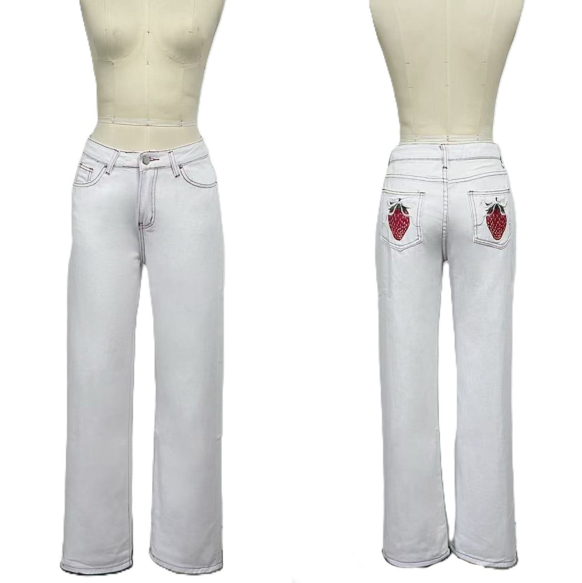 Embroidered Strawberry Pocket Straight Leg Jeans - White - 1