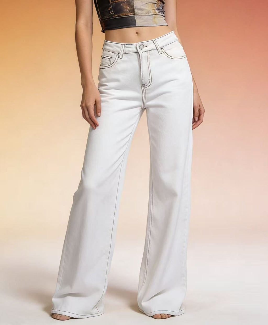 Embroidered Strawberry Pocket Straight Leg Jeans - White - 2