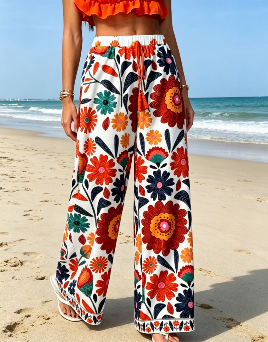Bold Blossom Print Drawstring Palazzo Pants - Floral - 1
