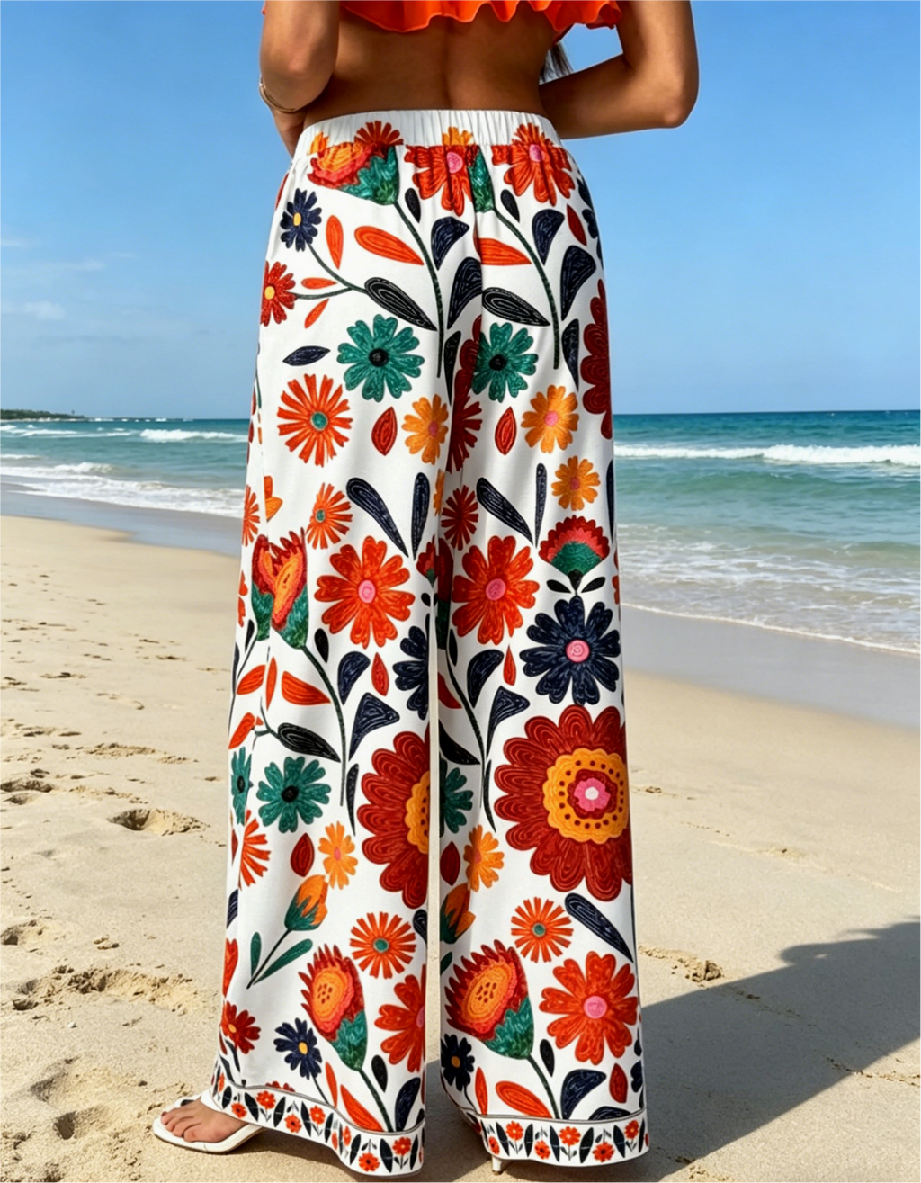 Bold Blossom Print Drawstring Palazzo Pants - Floral - 2