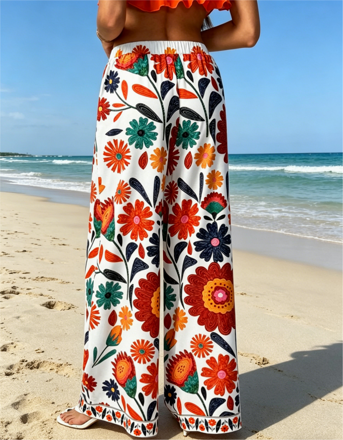 Bold Blossom Print Drawstring Palazzo Pants - Floral - 2