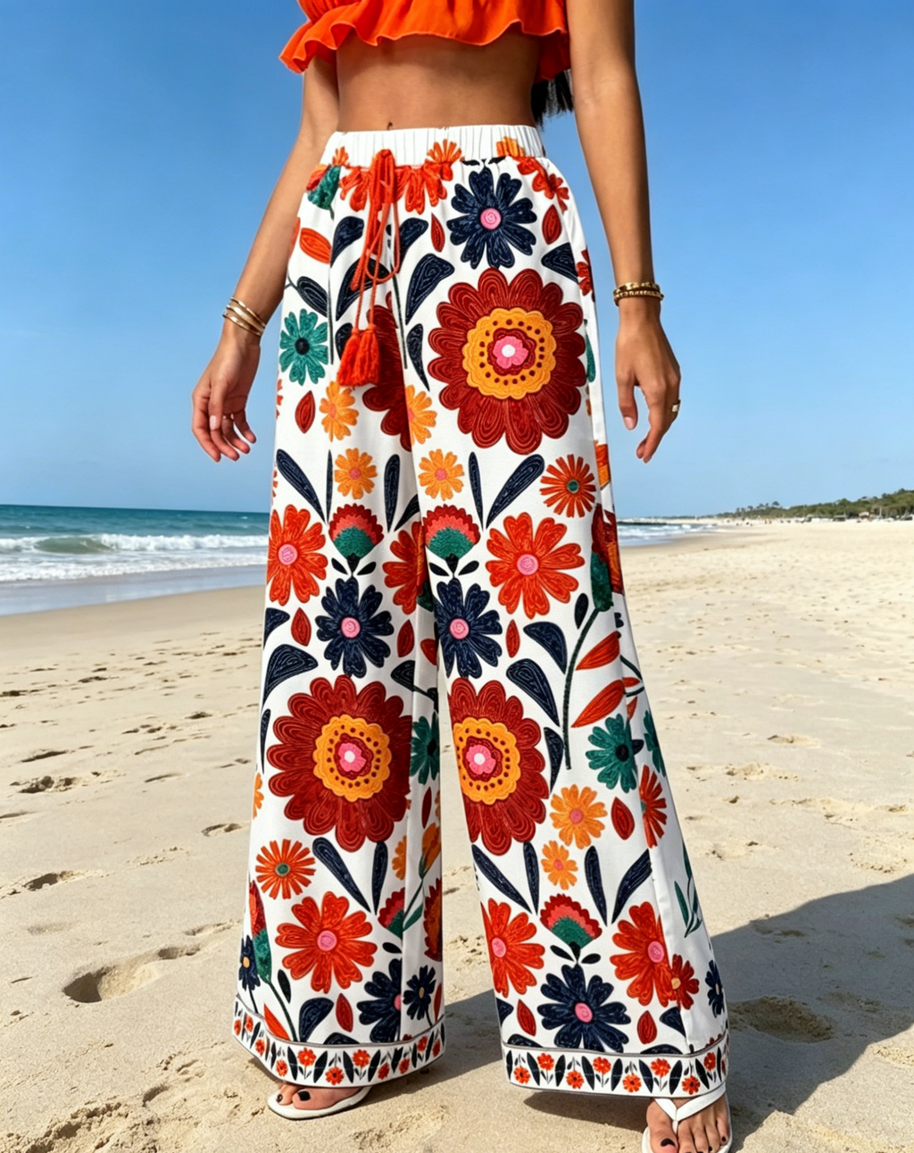 Bold Blossom Print Drawstring Palazzo Pants - Floral - 4
