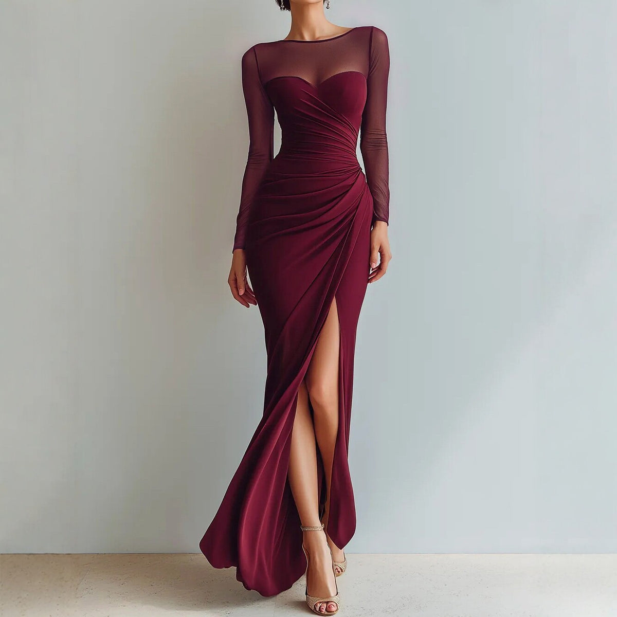 Ruched Sheer Mesh Long Sleeve Slit Maxi Gown - Burgundy