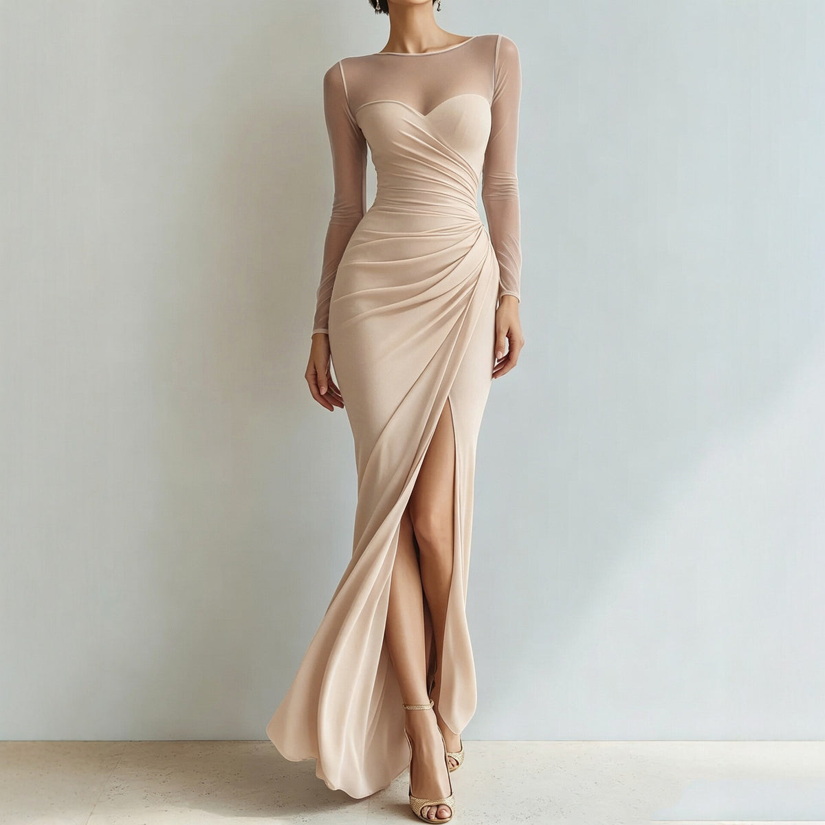 Ruched Sheer Mesh Long Sleeve Slit Maxi Gown