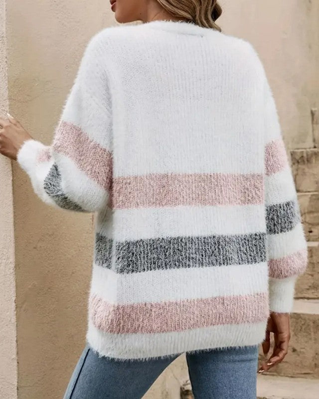 Fuzzy Striped Button Front Cardigan - Pink