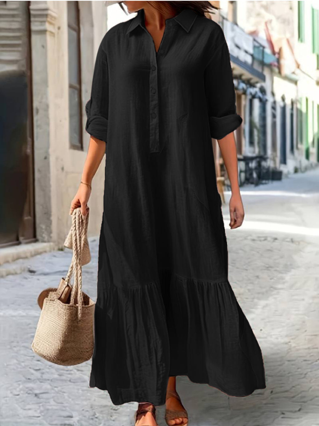 Button Placket Ruffle Hem Shirt Maxi Dress - Black