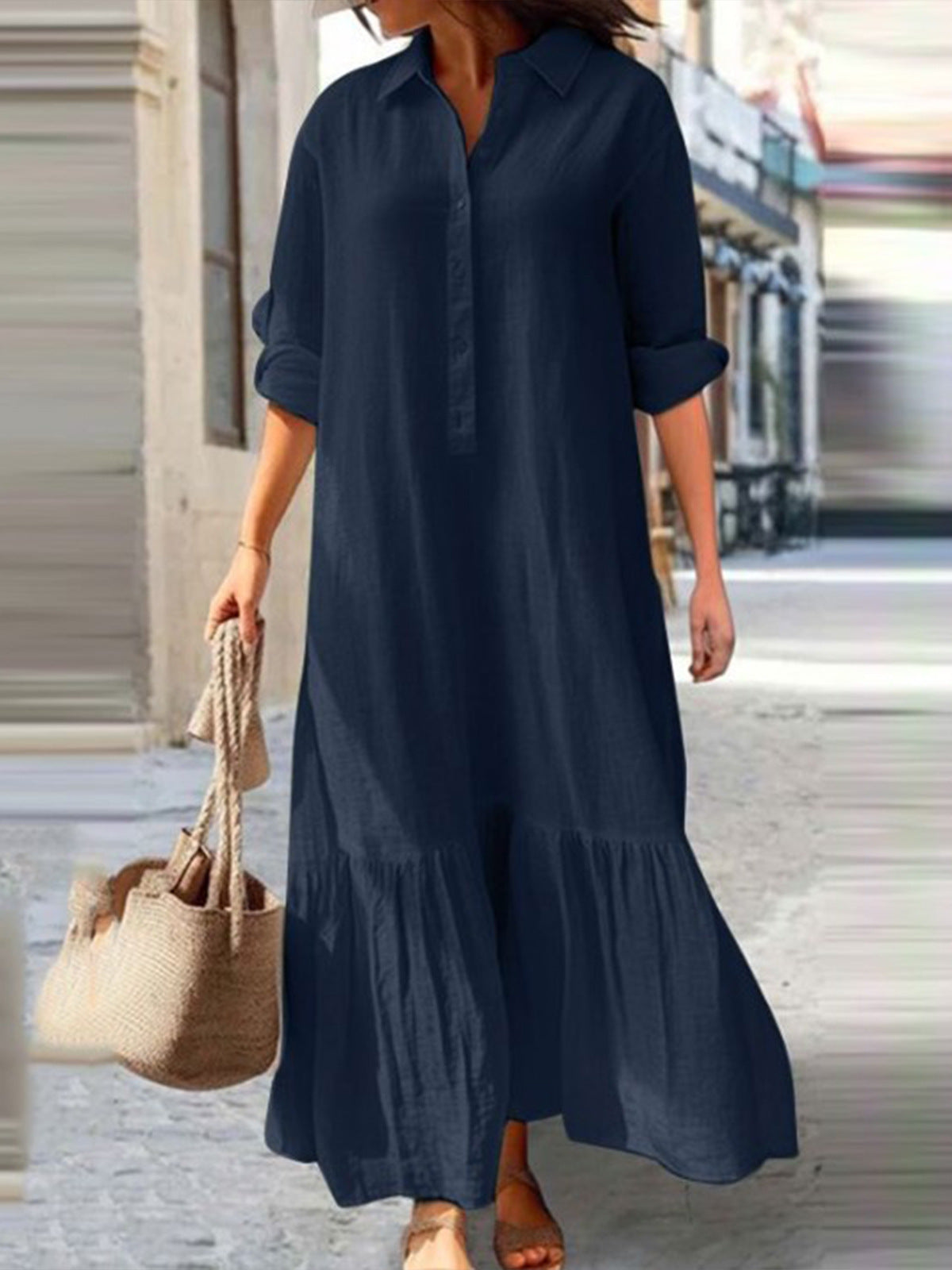 Button Placket Ruffle Hem Shirt Maxi Dress - Blue