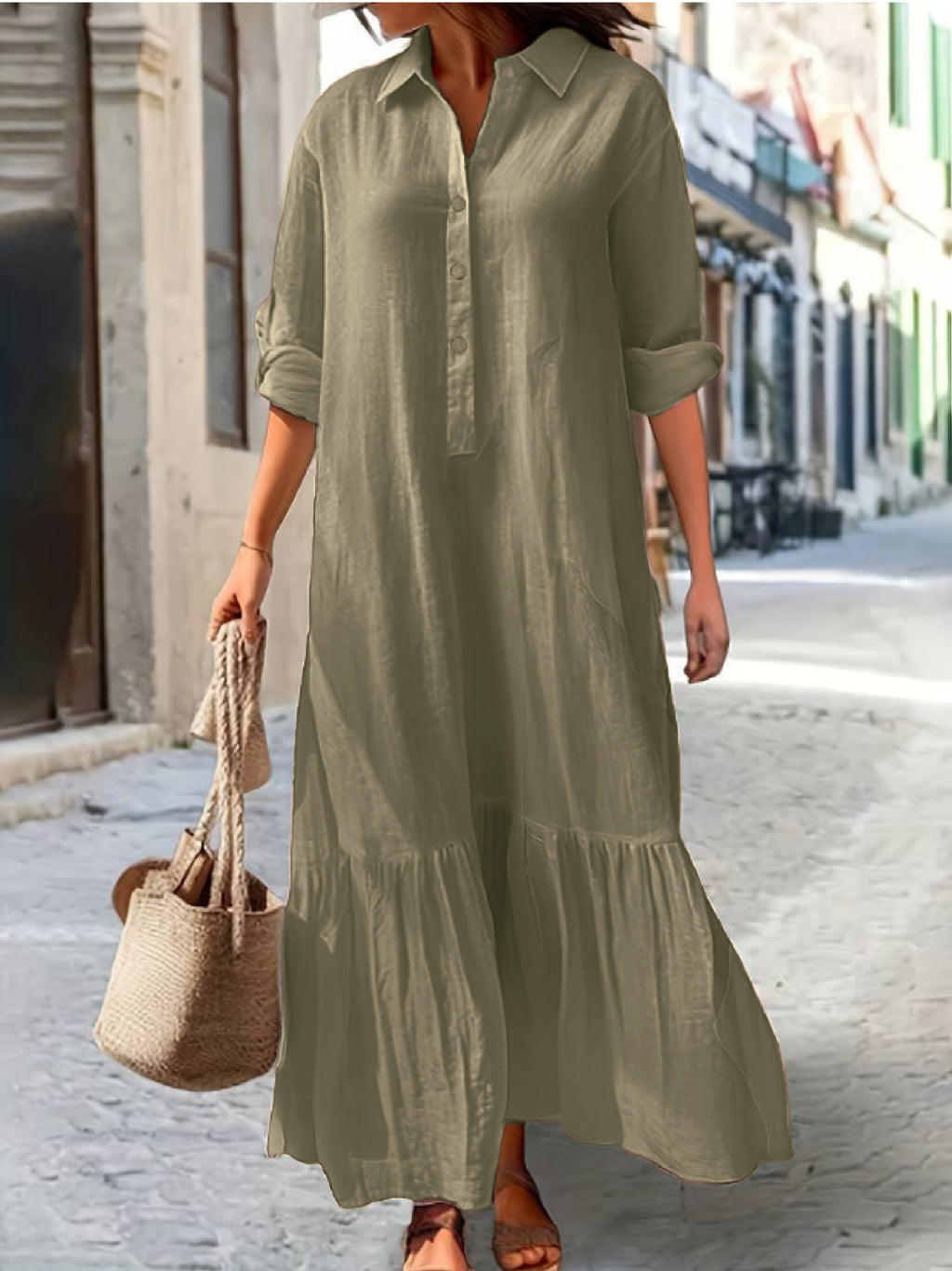 Button Placket Ruffle Hem Shirt Maxi Dress - Green