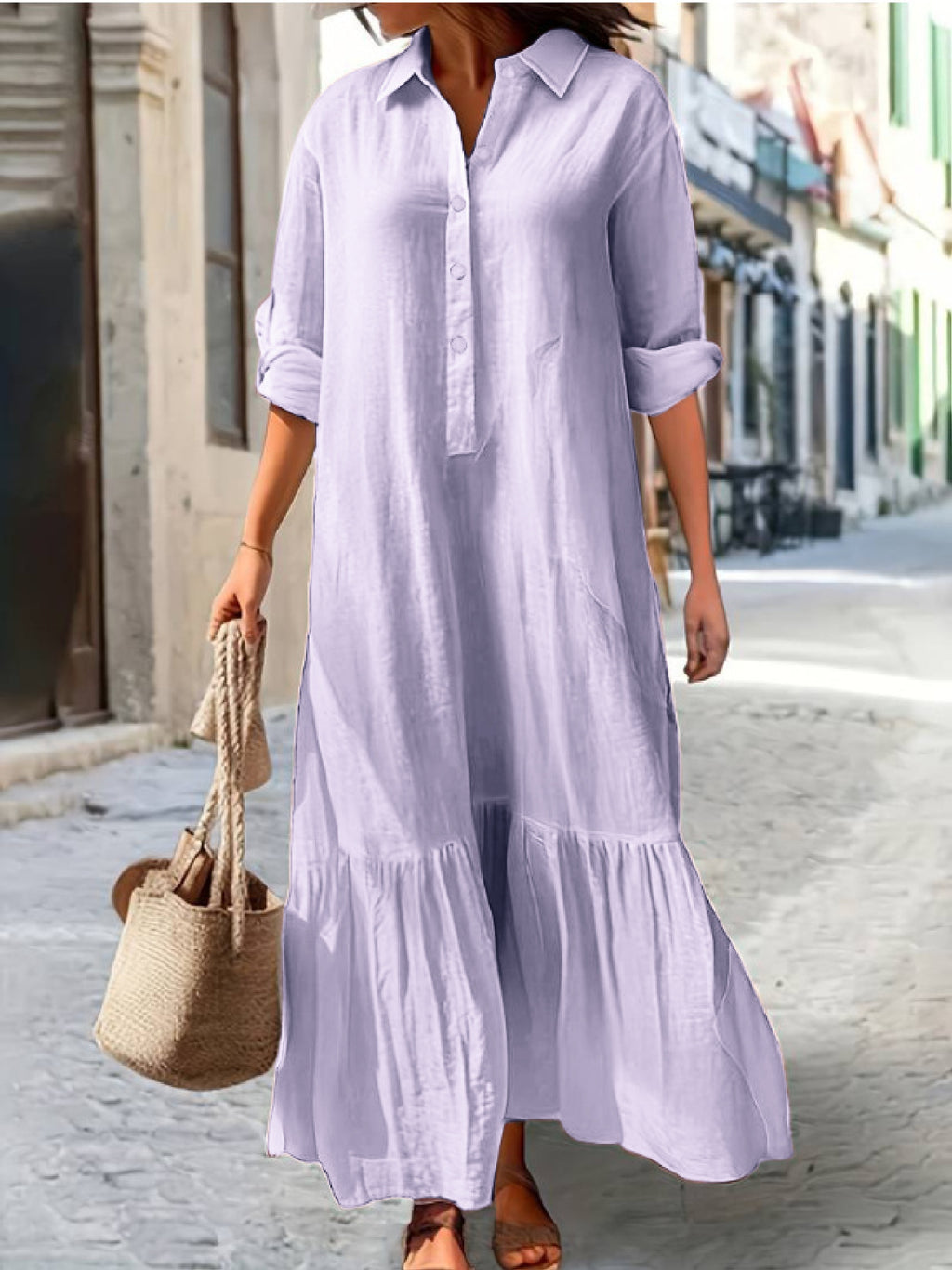 Button Placket Ruffle Hem Shirt Maxi Dress - Purple