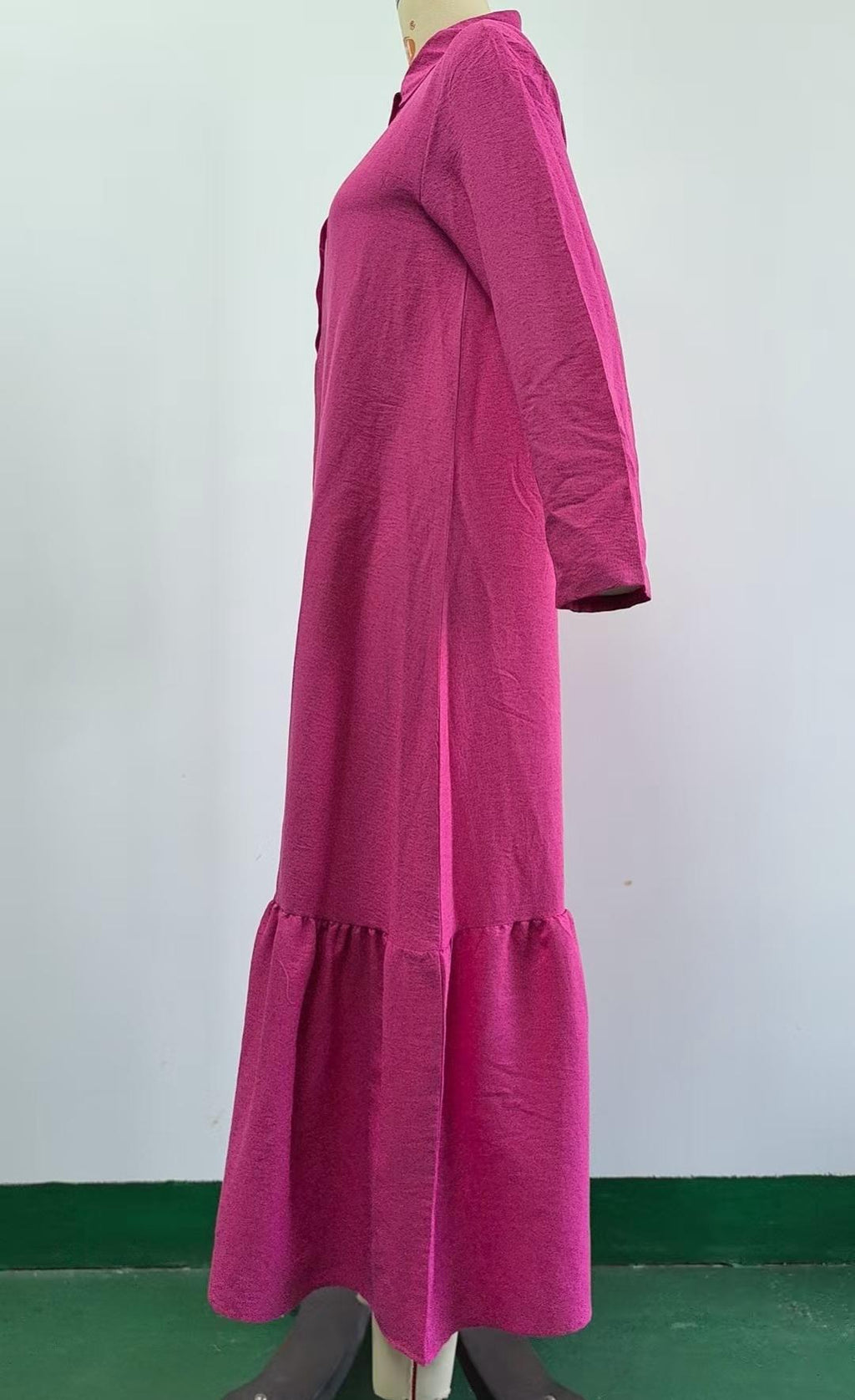 Button Placket Ruffle Hem Shirt Maxi Dress - Rose - 1