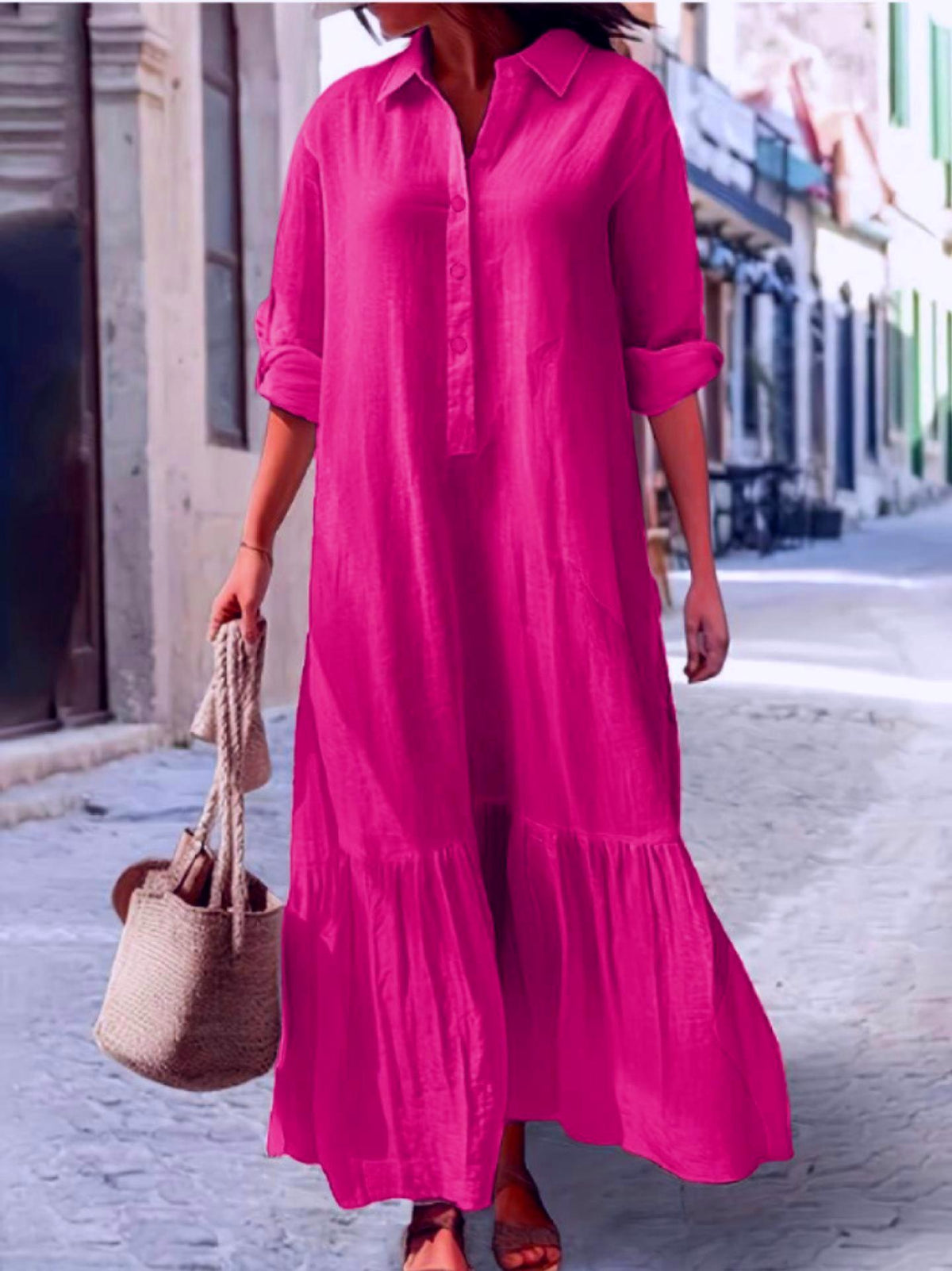 Button Placket Ruffle Hem Shirt Maxi Dress - Rose - 3