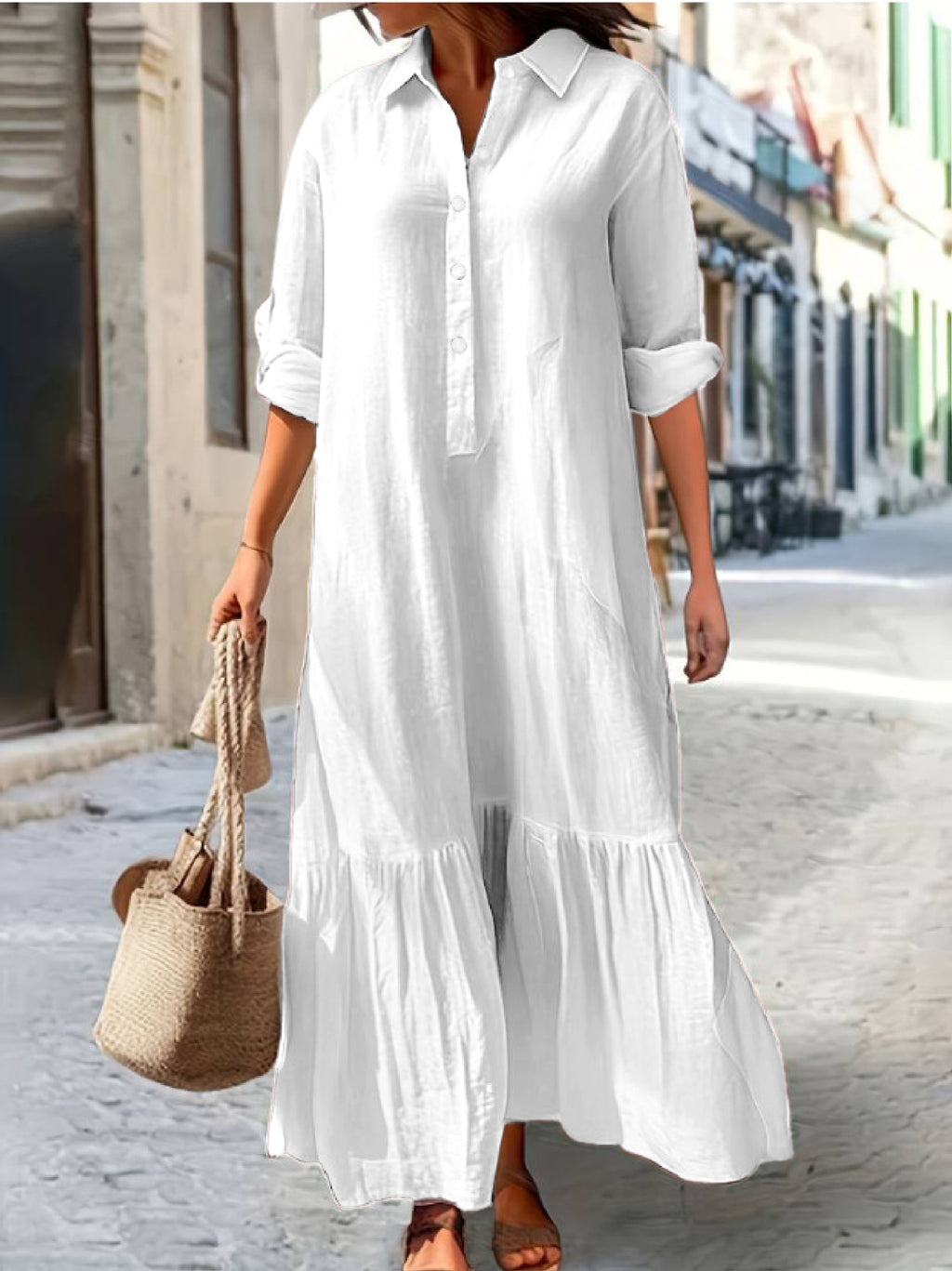Button Placket Ruffle Hem Shirt Maxi Dress - White