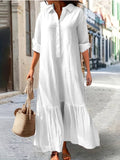 Button Placket Ruffle Hem Shirt Maxi Dress - White