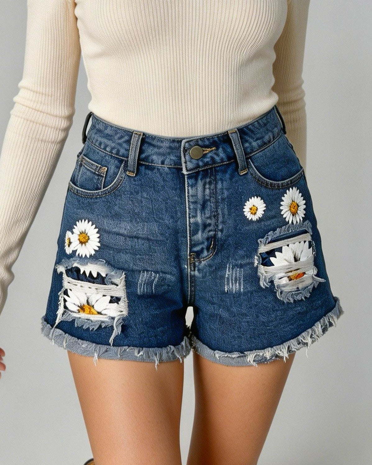 Daisy Patch Distressed Denim Cuffed Shorts - Blue