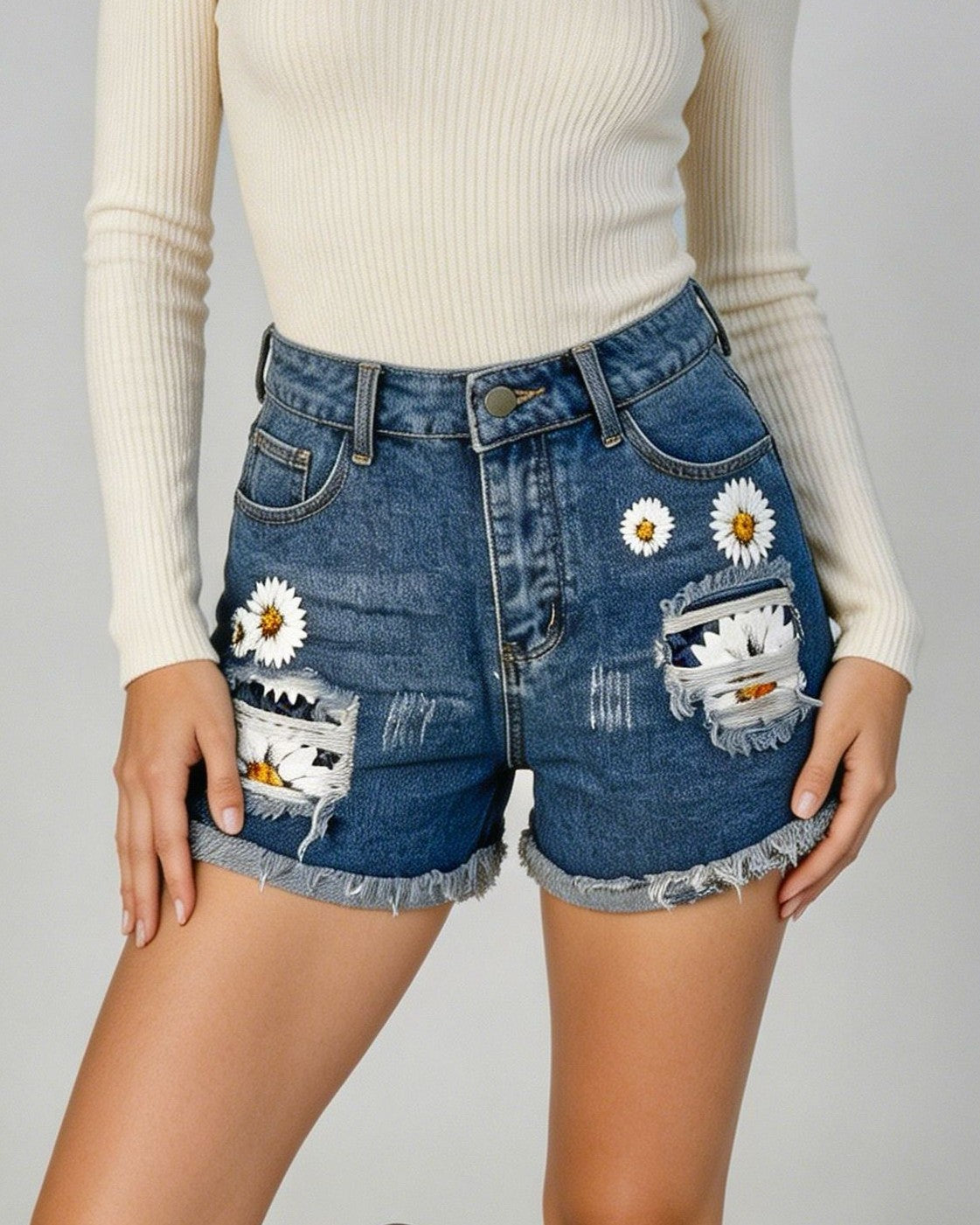 Daisy Patch Distressed Denim Cuffed Shorts - Blue - 1