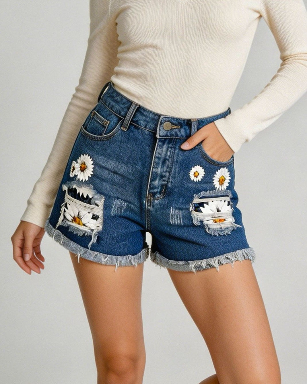 Daisy Patch Distressed Denim Cuffed Shorts - Blue - 2