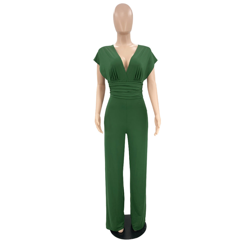 Surplice V Neck Ruched Waist Wide Leg Jumpsuit - Green - 2