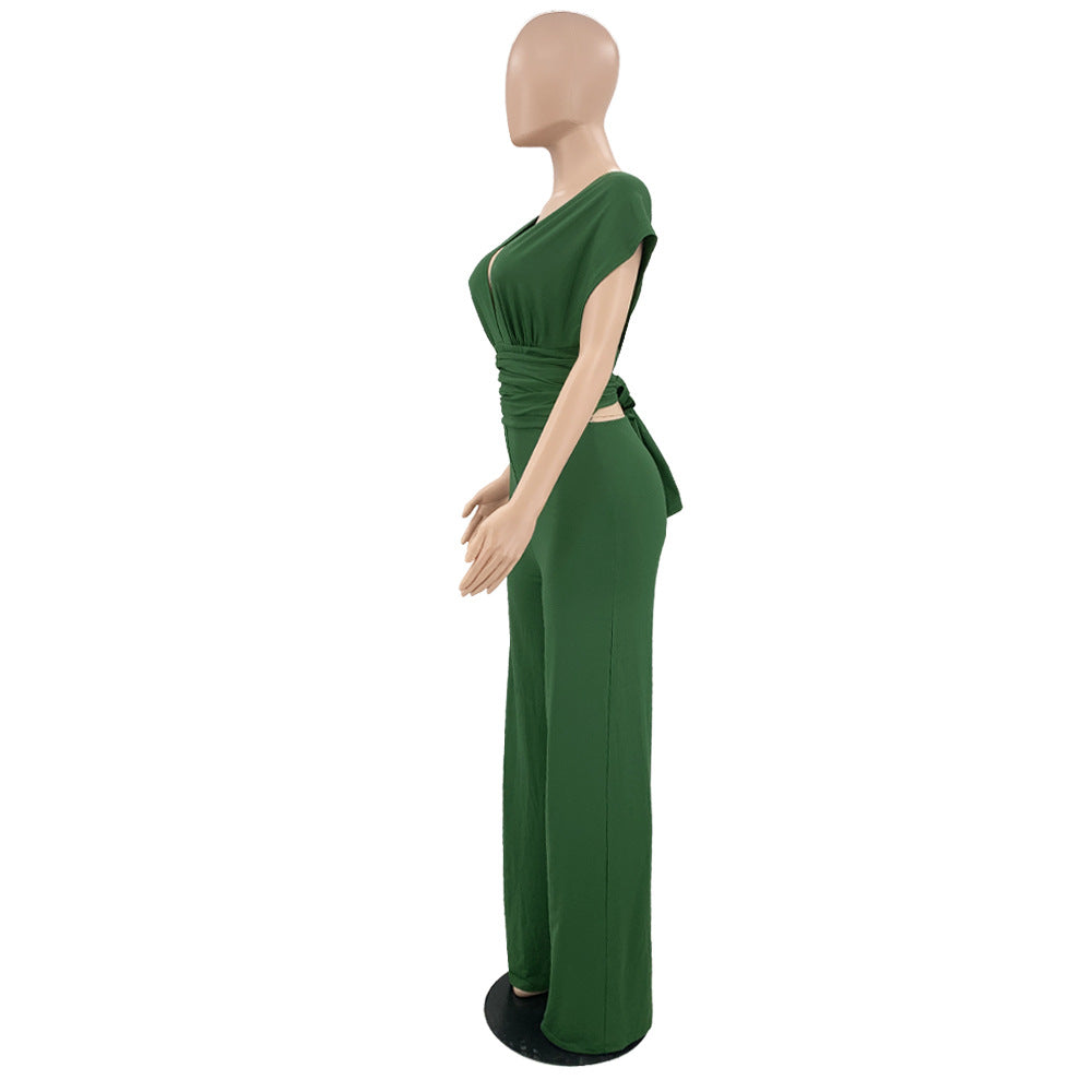 Surplice V Neck Ruched Waist Wide Leg Jumpsuit - Green - 3
