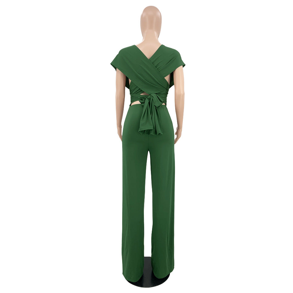 Surplice V Neck Ruched Waist Wide Leg Jumpsuit - Green - 4
