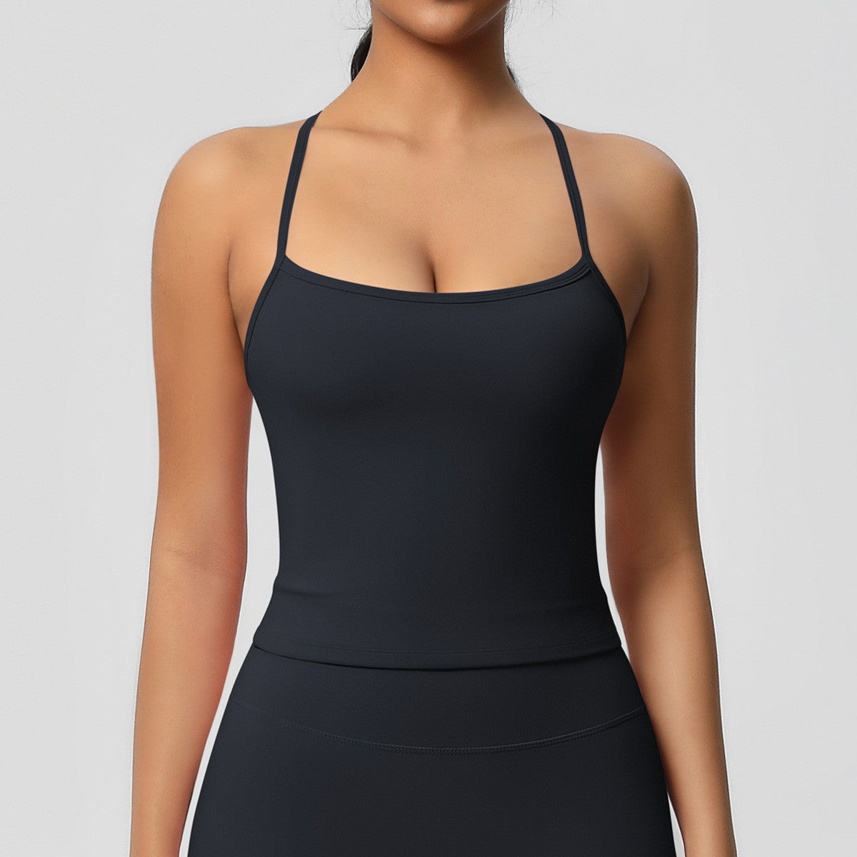 Brushed Strappy Open Back Fitted Yoga Tank - Black