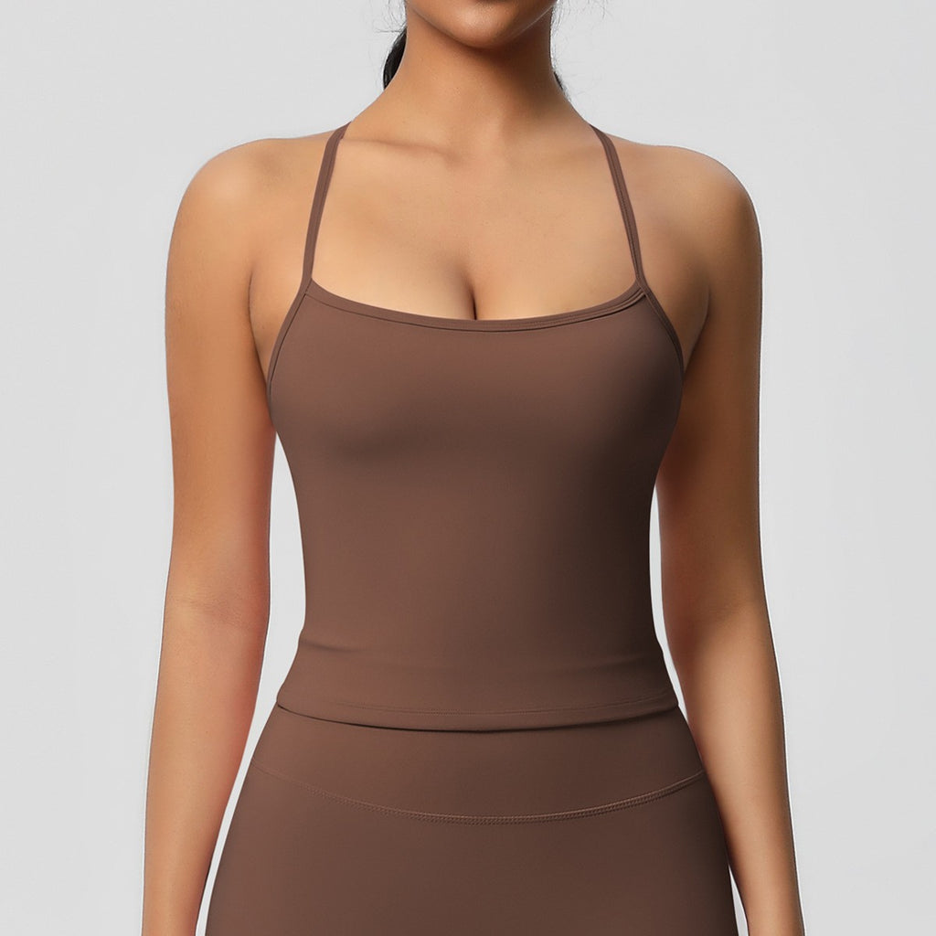 Brushed Strappy Open Back Fitted Yoga Tank - Chestnut