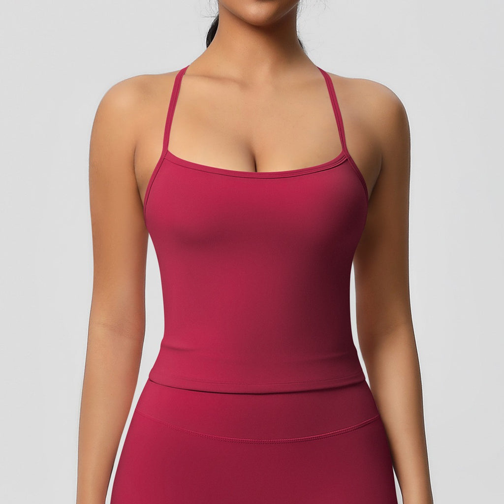 Brushed Strappy Open Back Fitted Yoga Tank - Crimson