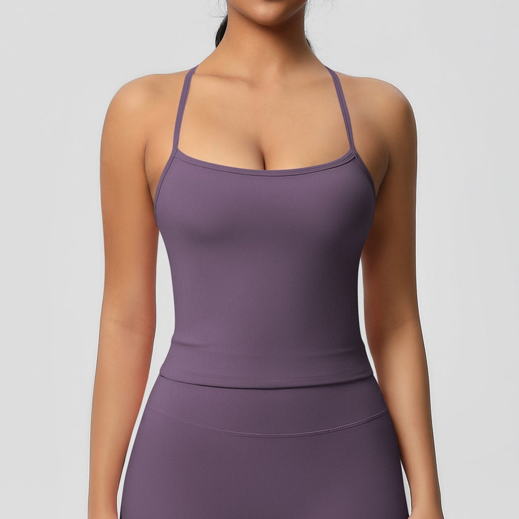 Brushed Strappy Open Back Fitted Yoga Tank - Dusty Plum