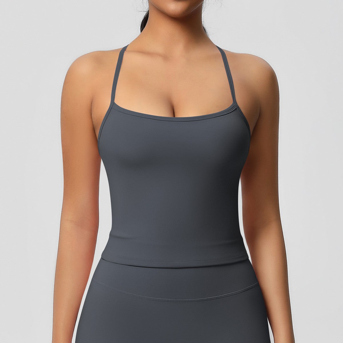 Brushed Strappy Open Back Fitted Yoga Tank - Graphite